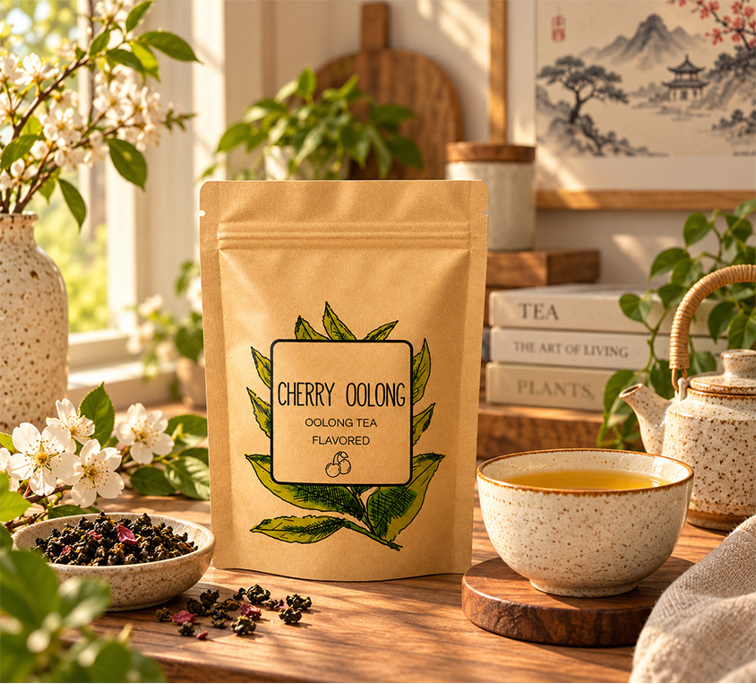 Cherry Oolong Leo Tea – liściasta herbata oolong z liofilizowaną wiśnią w doypacku 250g